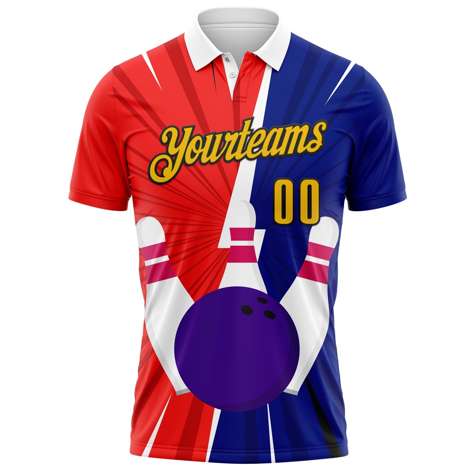Custom Royal Yellow Red-Black 3D Bowling Performance Polo Shirt view 2