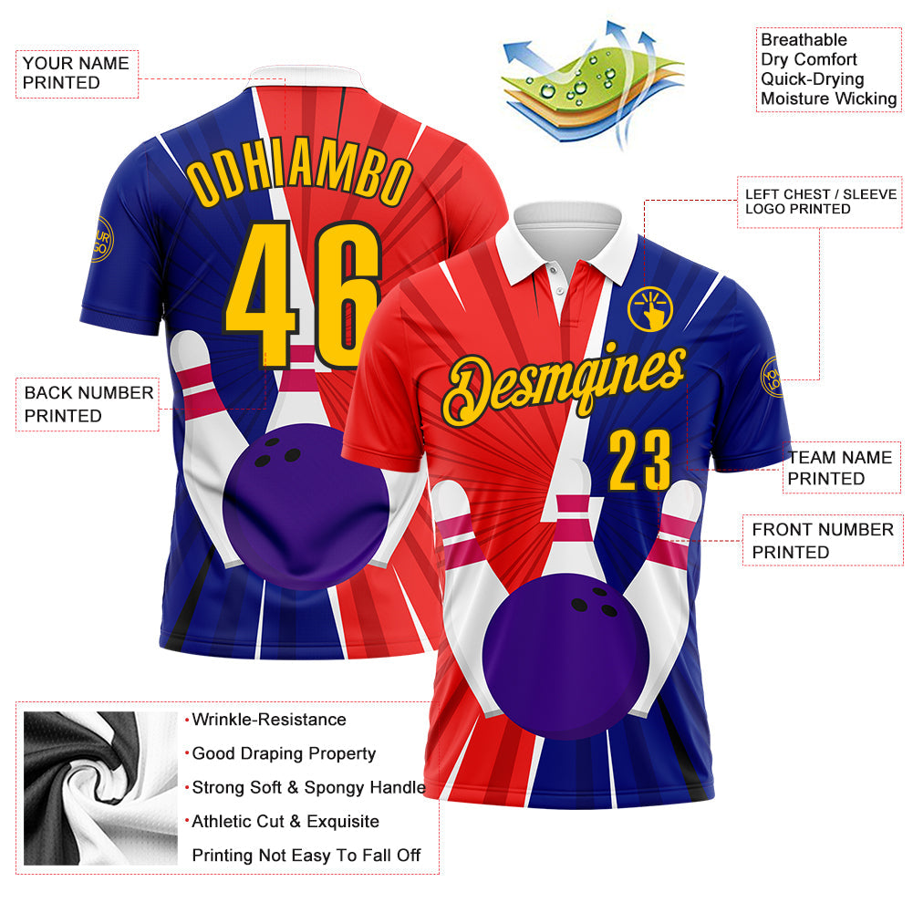 Custom Royal Yellow Red-Black 3D Bowling Performance Polo Shirt view 3