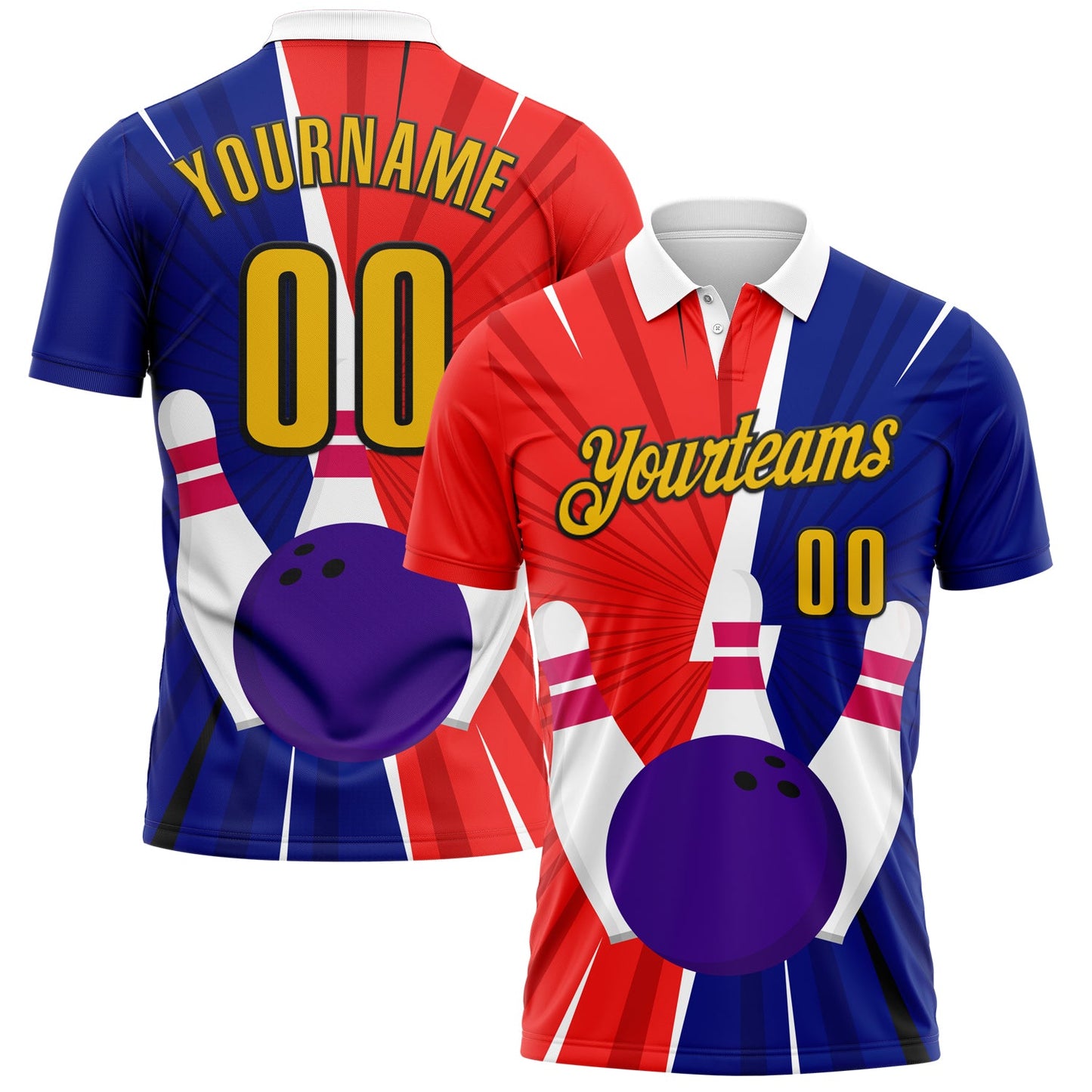 Custom Royal Yellow Red-Black 3D Bowling Performance Polo Shirt - Main View