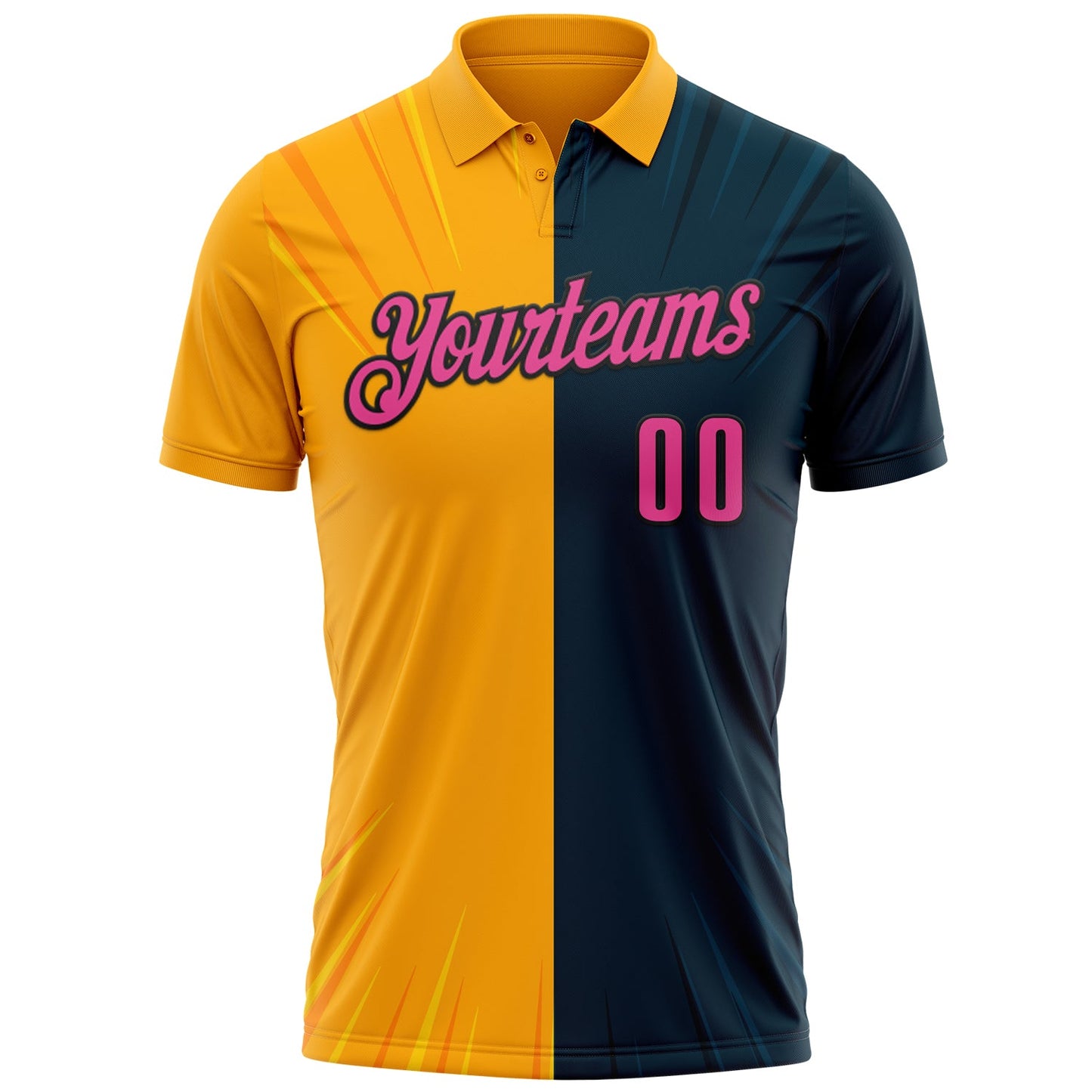Custom Navy Pink Gold-Black 3D Bowling Performance Polo Shirt view 2