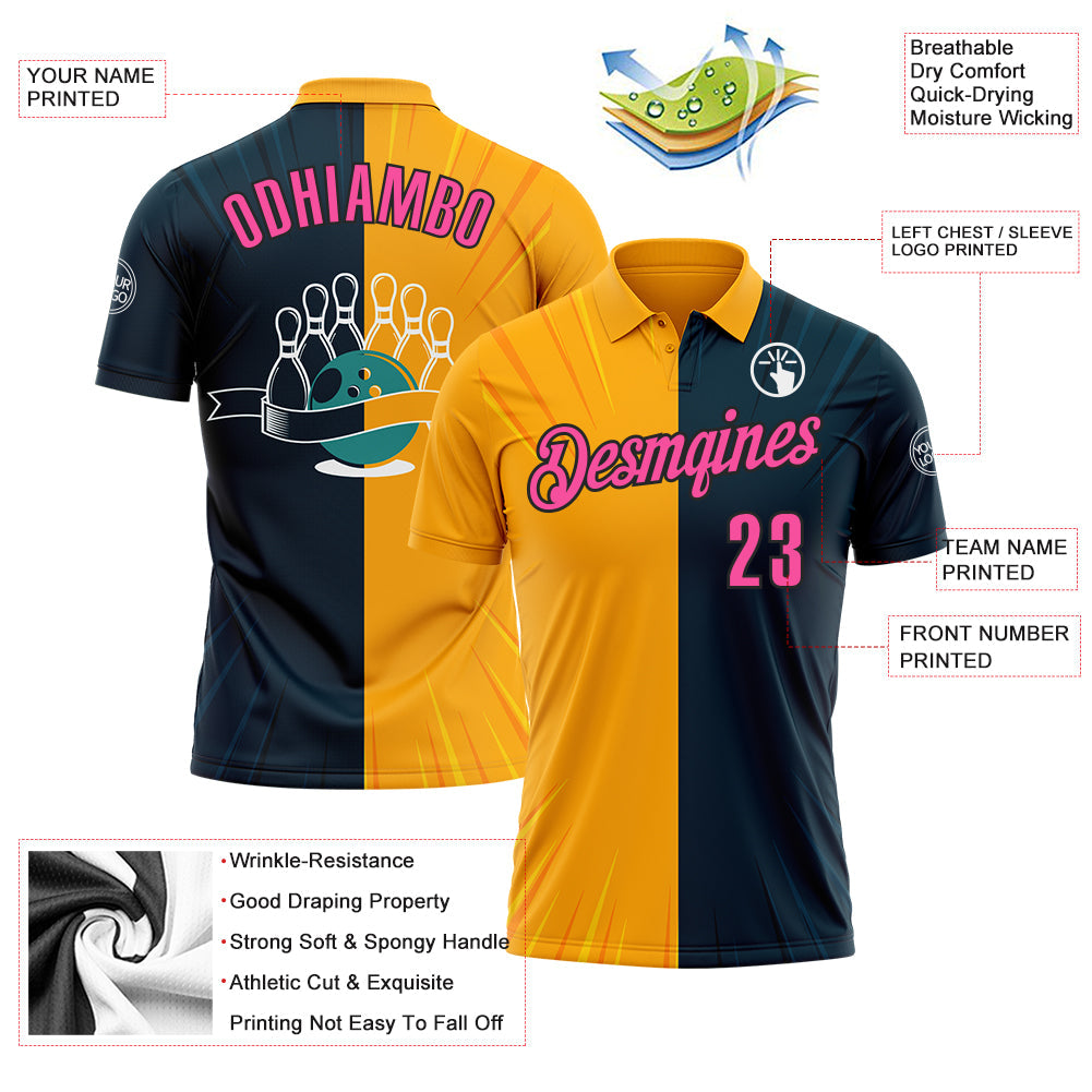 Custom Navy Pink Gold-Black 3D Bowling Performance Polo Shirt view 3