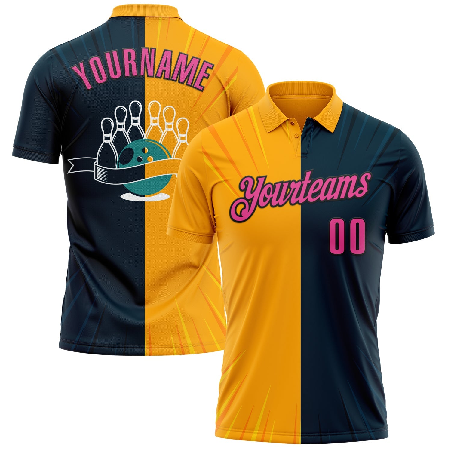 Custom Navy Pink Gold-Black 3D Bowling Performance Polo Shirt - Main View