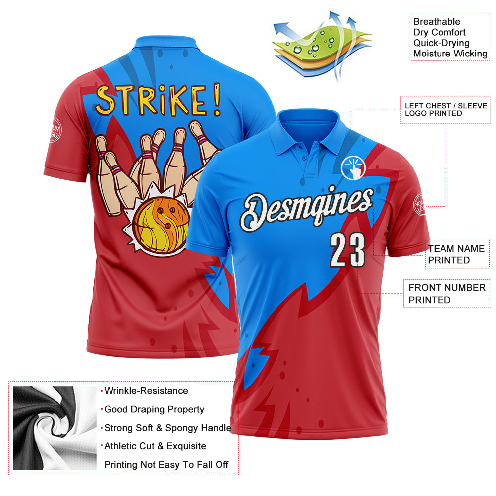 Custom Powder Blue White-Black 3D Bowling Performance Polo Shirt view 3