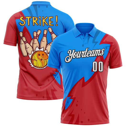 Custom Powder Blue White-Black 3D Bowling Performance Polo Shirt - Main View