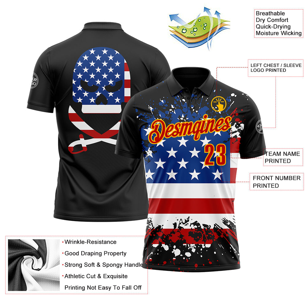 Custom Black Red-Gold 3D Cornhole American Flag Skull Performance Polo Shirt view 3