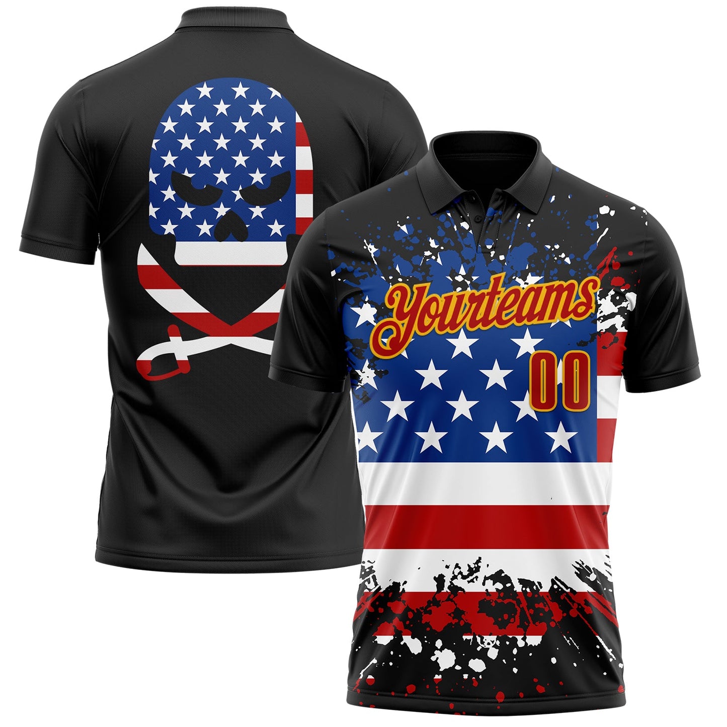 Custom Black Red-Gold 3D Cornhole American Flag Skull Performance Polo Shirt - Main View