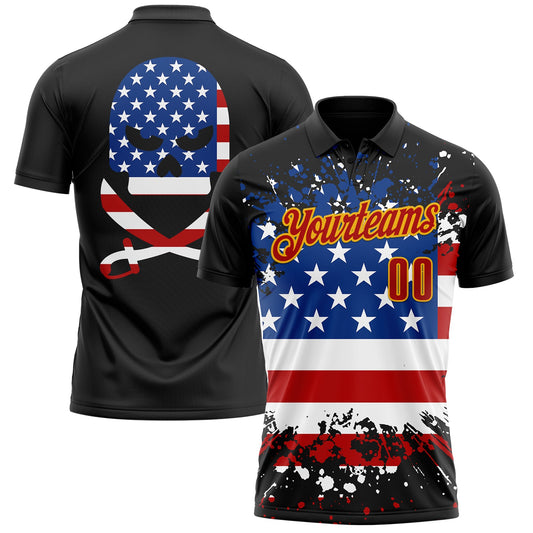 Custom Black Red-Gold 3D Cornhole American Flag Skull Performance Polo Shirt - Main View