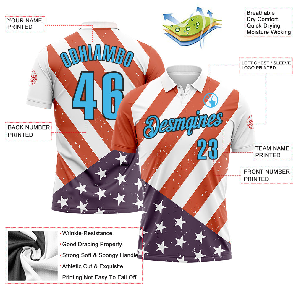 Custom White Sky Blue-Black 3D Cornhole American Flag Performance Polo Shirt view 3