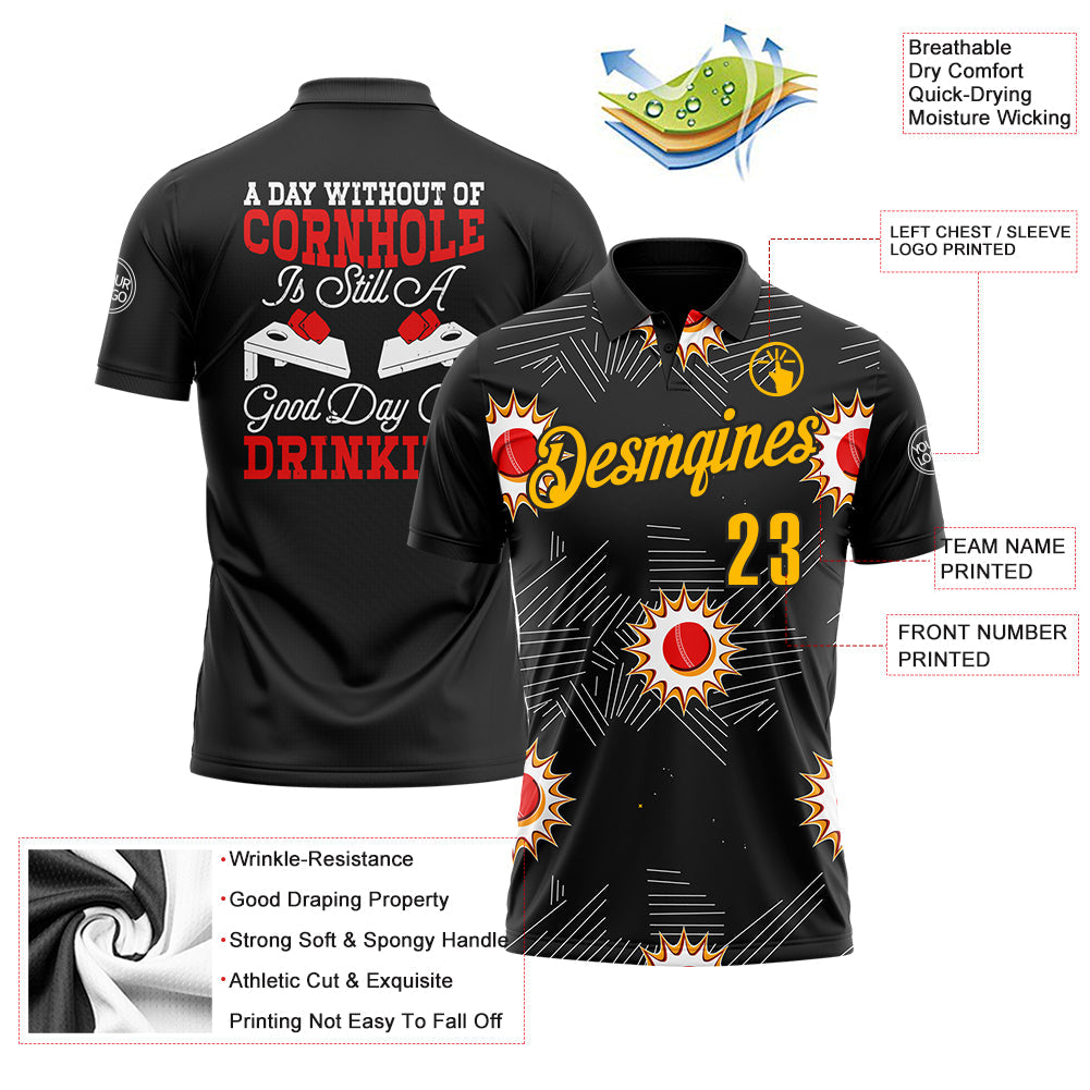 Custom Black Gold-Red 3D Cornhole Performance Polo Shirt view 3