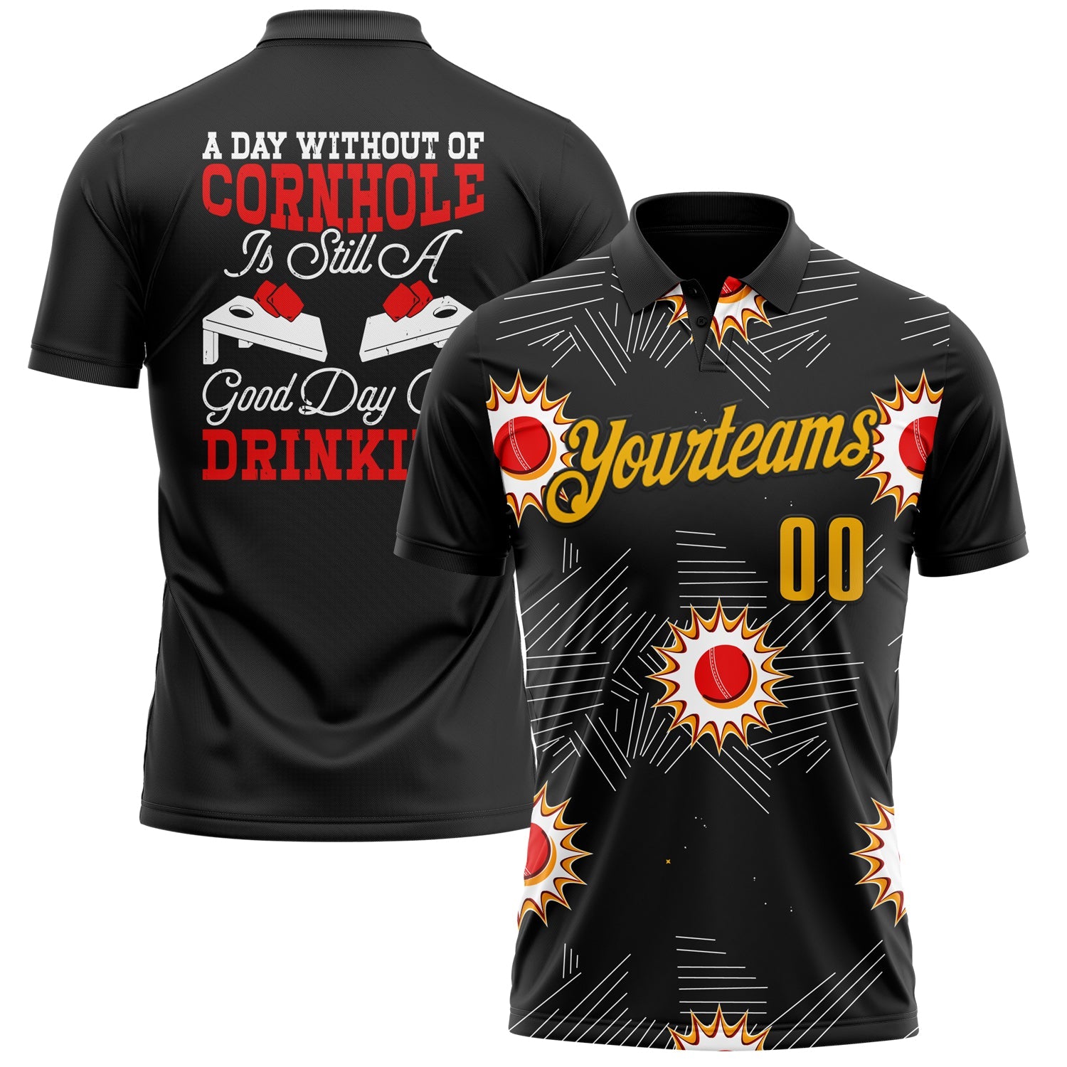 Custom Black Gold-Red 3D Cornhole Performance Polo Shirt - Main View