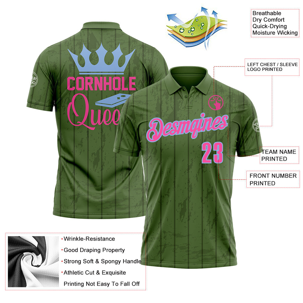Custom Green Pink-Light Blue 3D Cornhole Performance Polo Shirt view 3