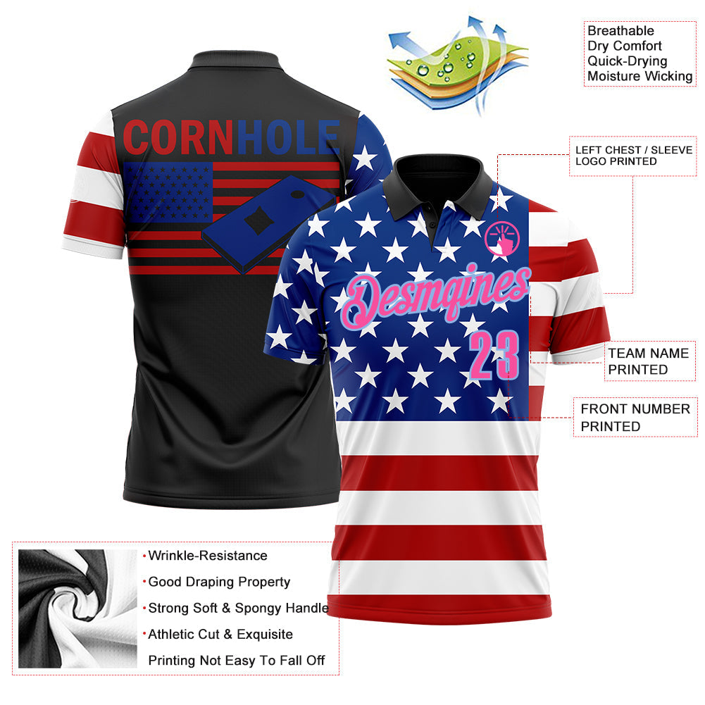 Custom Black Pink Light Blue Red-Royal 3D Cornhole American Flag Performance Polo Shirt view 3