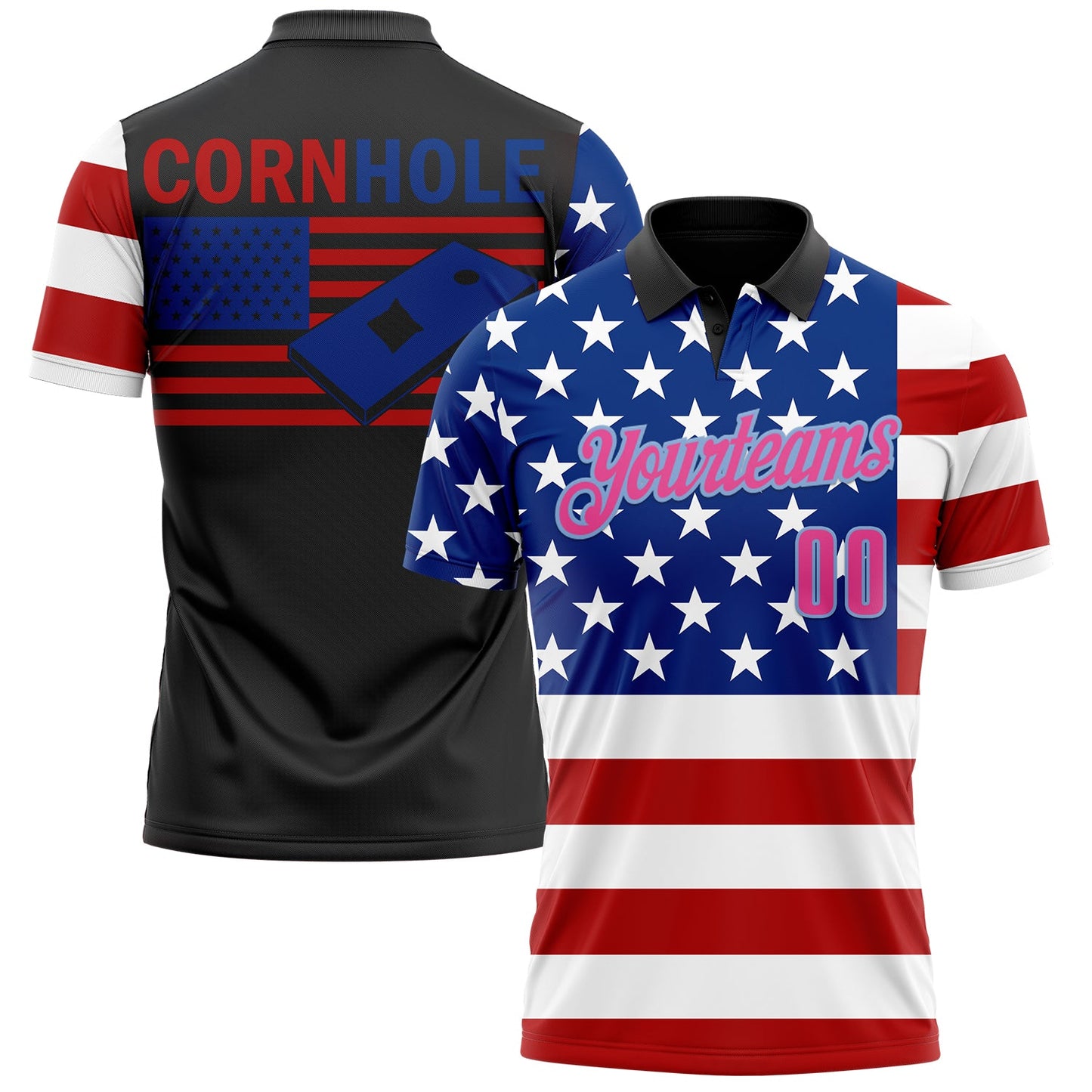 Custom Black Pink Light Blue Red-Royal 3D Cornhole American Flag Performance Polo Shirt - Main View