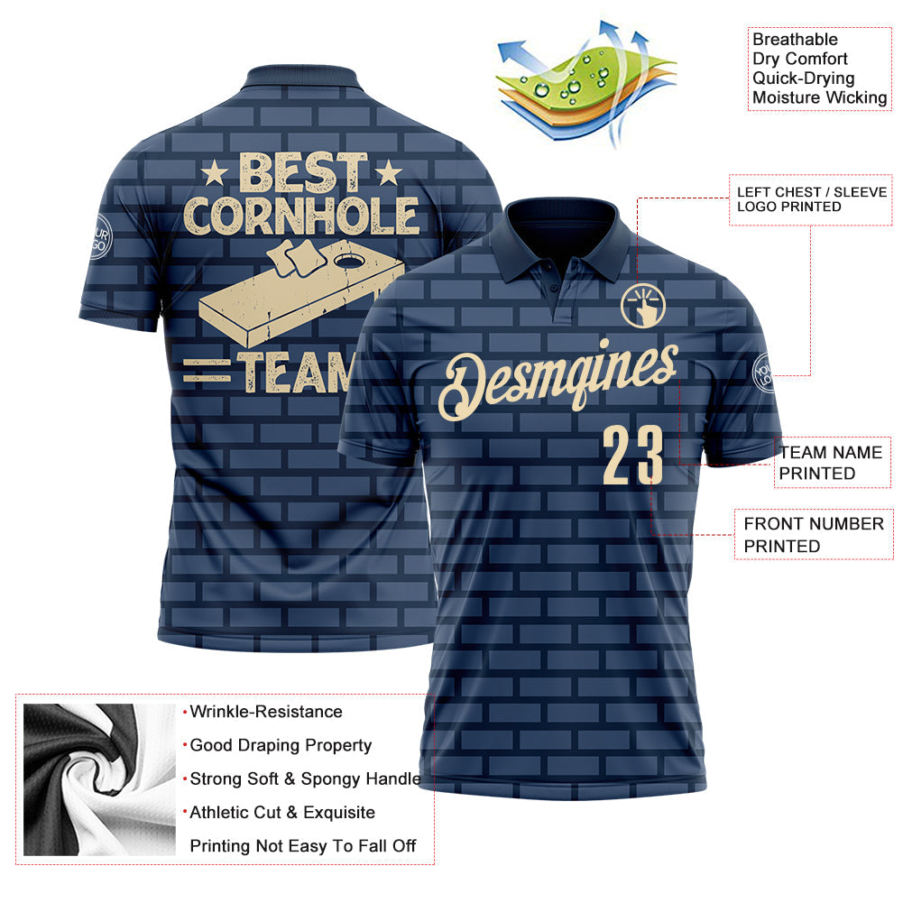 Custom Navy Cream 3D Cornhole Performance Polo Shirt view 3