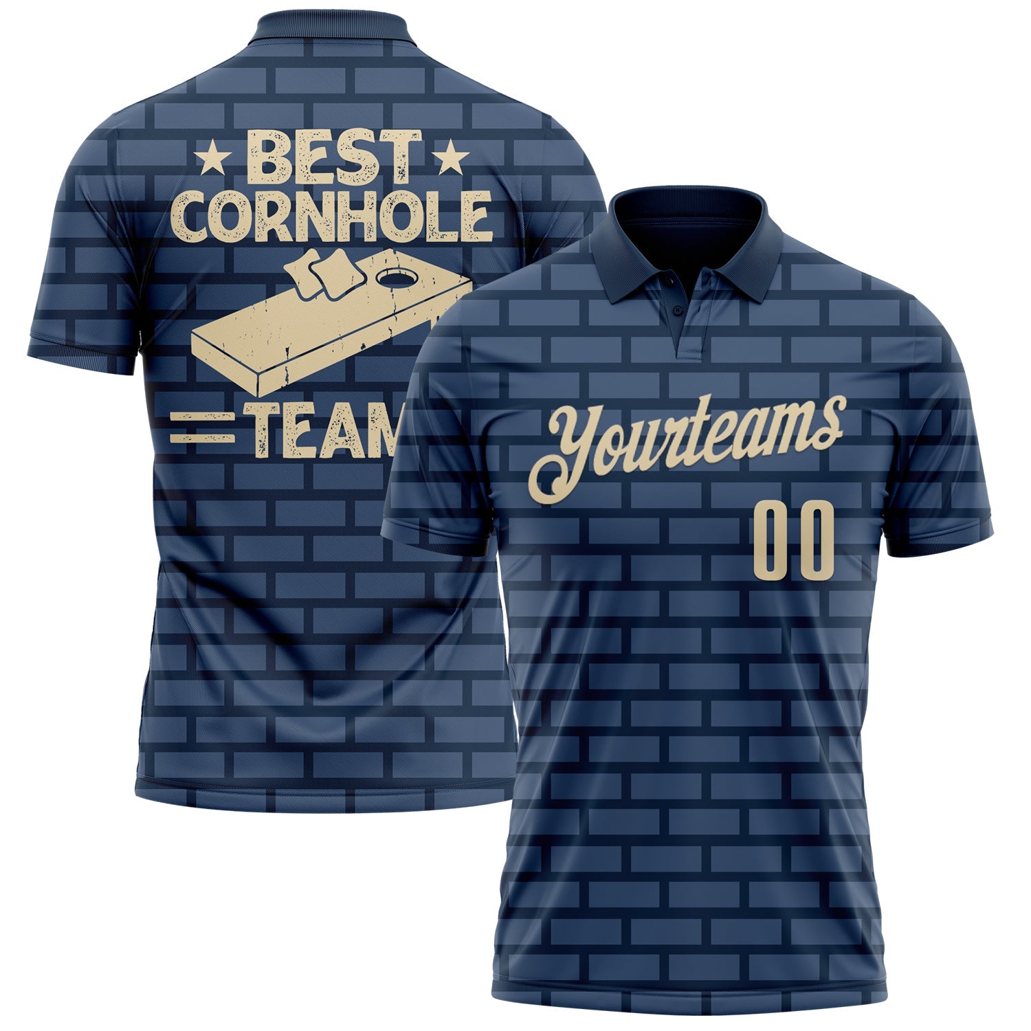 Custom Navy Cream 3D Cornhole Performance Polo Shirt - Main View