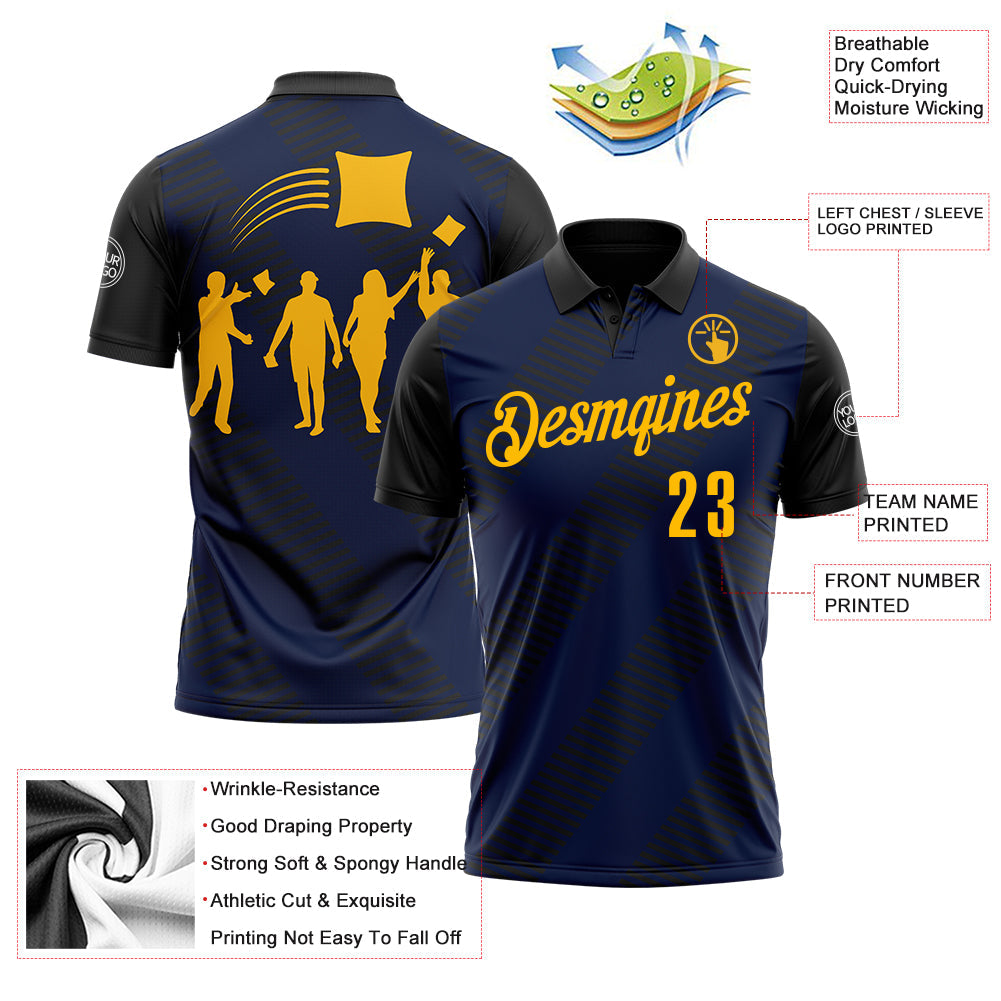 Custom Black Gold 3D Cornhole Performance Polo Shirt view 3