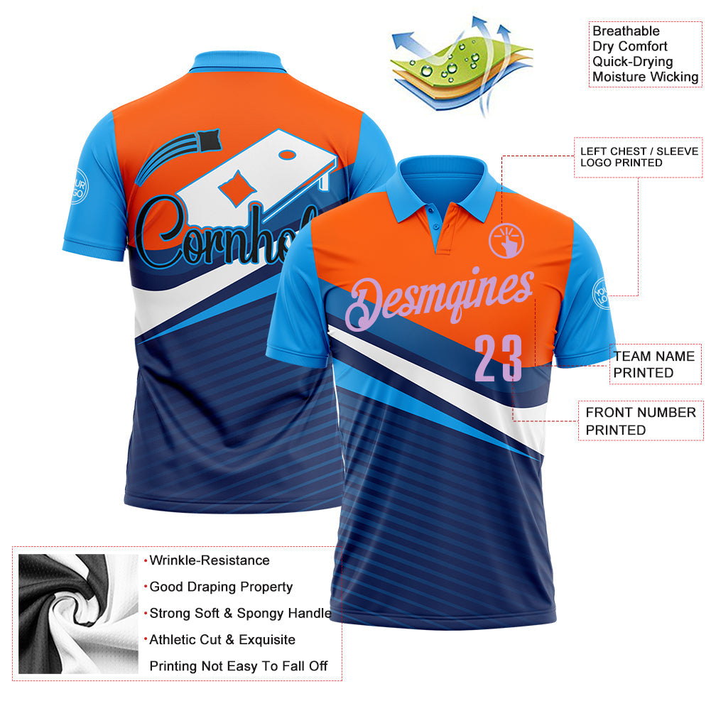 Custom Orange Light Purple Powder Blue-Navy 3D Cornhole Performance Polo Shirt view 3