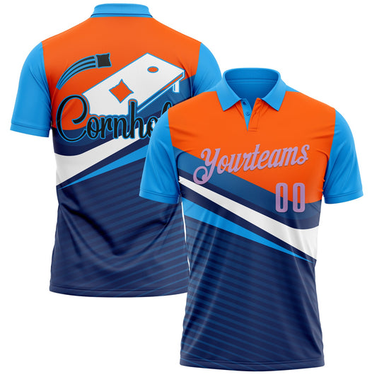 Custom Orange Light Purple Powder Blue-Navy 3D Cornhole Performance Polo Shirt - Main View