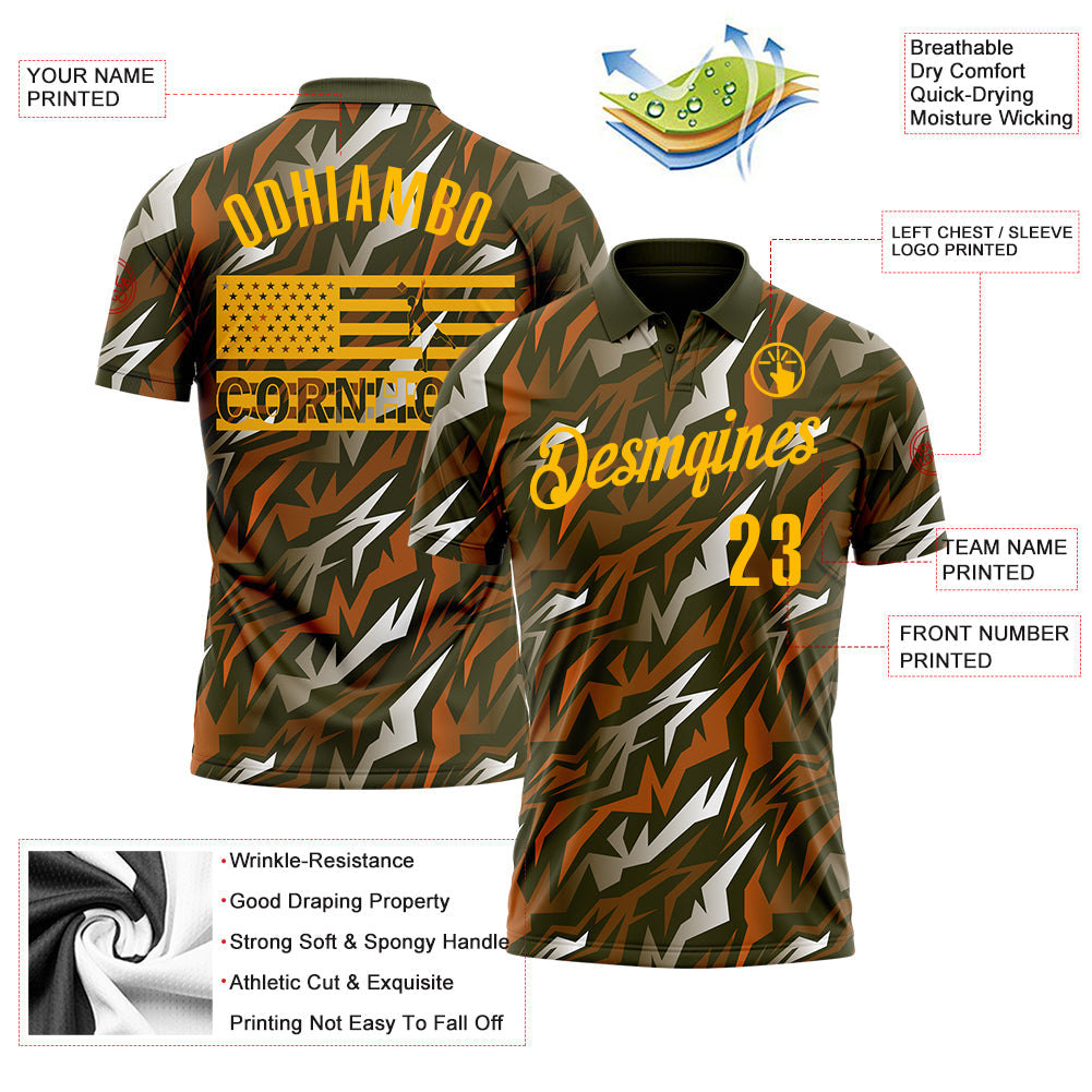 Custom Olive Gold 3D Cornhole American Flag Performance Salute To Service Polo Shirt view 3
