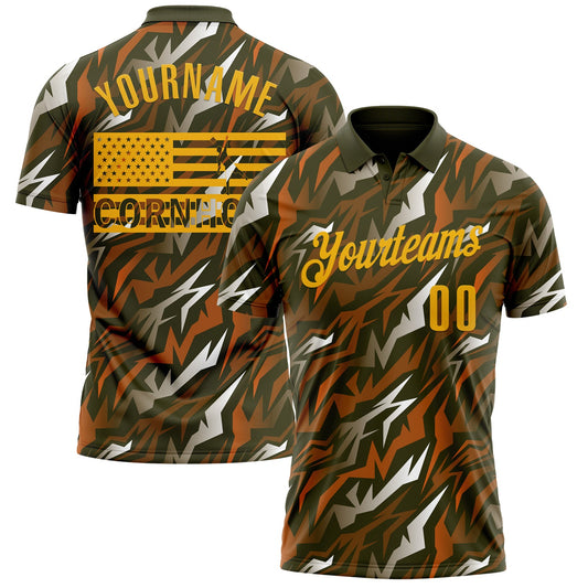 Custom Olive Gold 3D Cornhole American Flag Performance Salute To Service Polo Shirt - Main View