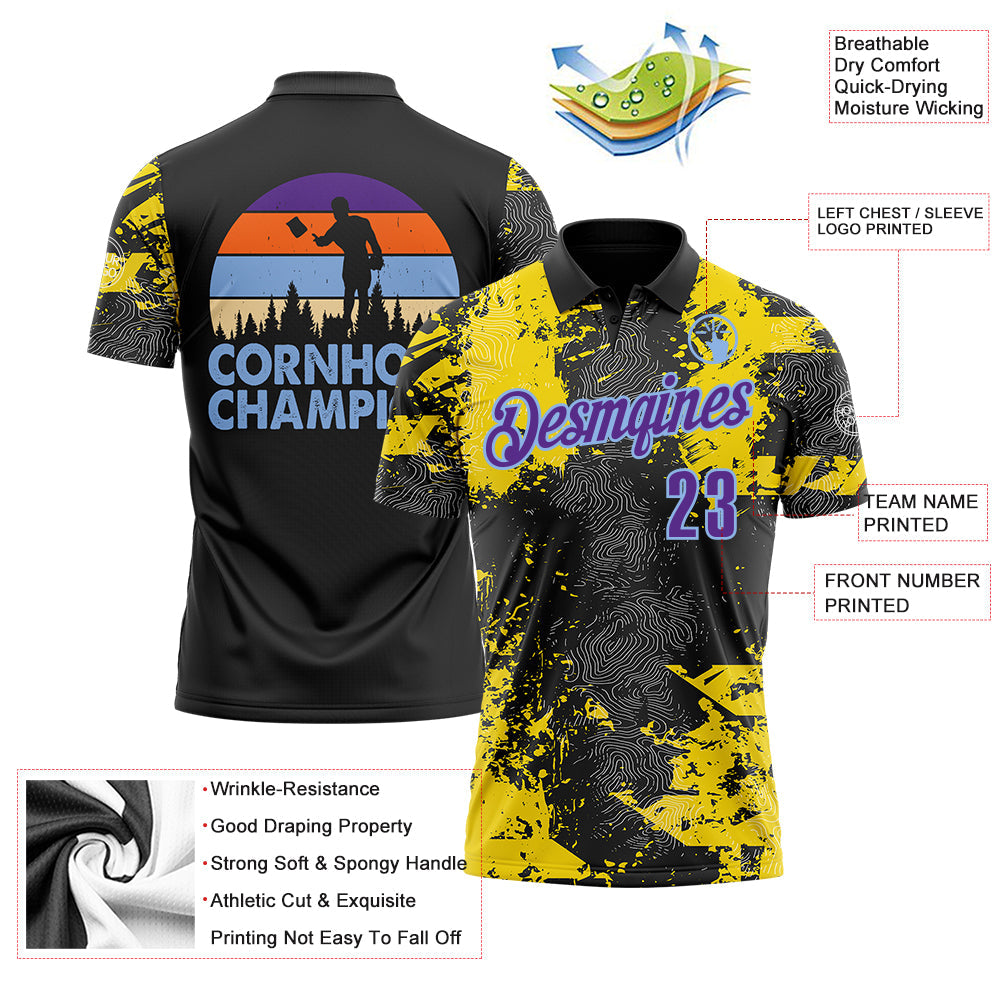 Custom Black Purple-Light Blue 3D Cornhole Splash Performance Polo Shirt view 3