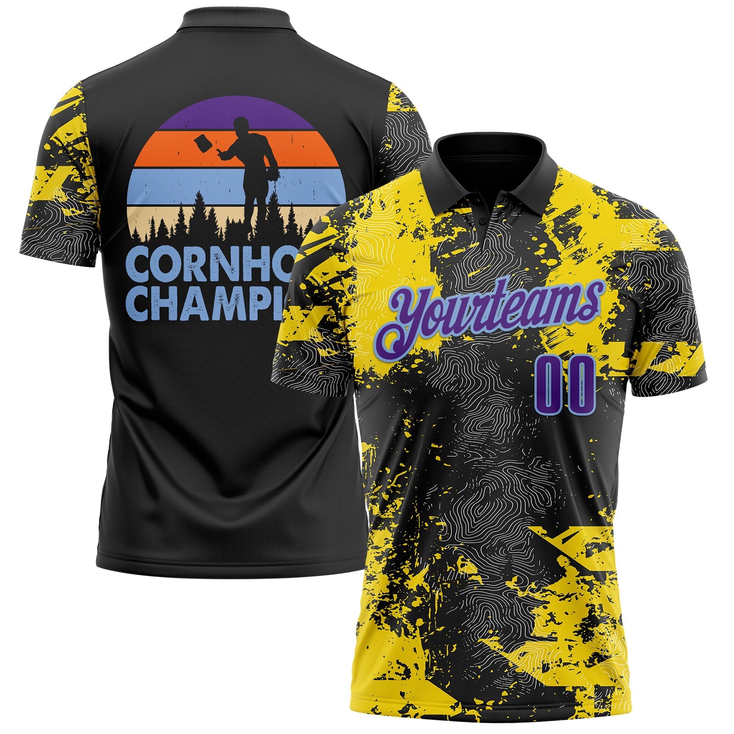 Custom Black Purple-Light Blue 3D Cornhole Splash Performance Polo Shirt - Main View