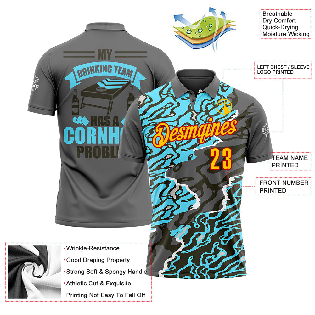 Custom Steel Gray Yellow-Red 3D Cornhole Fluid Performance Polo Shirt view 3