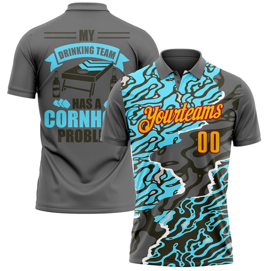Custom Steel Gray Yellow-Red 3D Cornhole Fluid Performance Polo Shirt - Main View