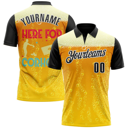 Custom Yellow Black-White 3D Cornhole Beer Performance Polo Shirt - Main View