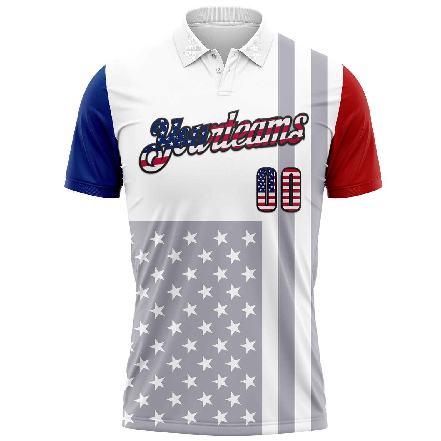 Custom White USA Flag Red Royal Gray-Black 3D Cornhole American Flag Performance Polo Shirt view 2