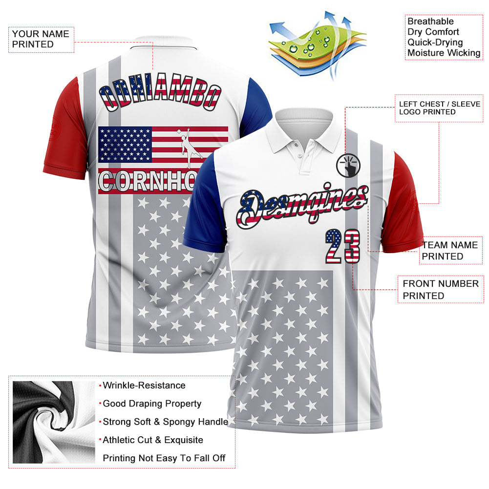Custom White USA Flag Red Royal Gray-Black 3D Cornhole American Flag Performance Polo Shirt view 3