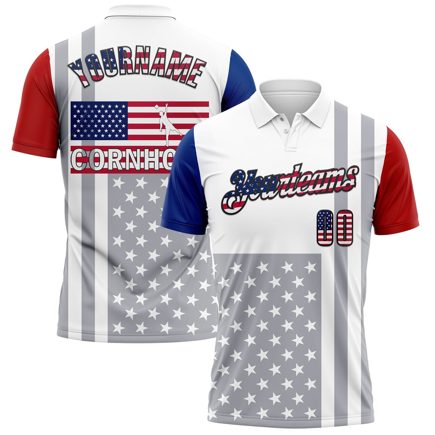 Custom White USA Flag Red Royal Gray-Black 3D Cornhole American Flag Performance Polo Shirt - Main View