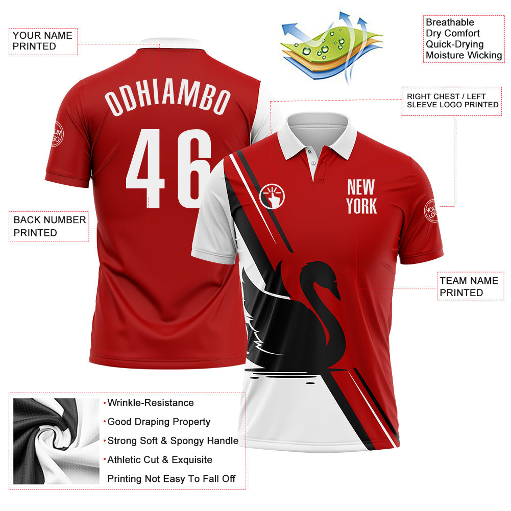 Custom Red White-Black 3D Pattern Design Animal Swan Performance Polo Shirt view 3