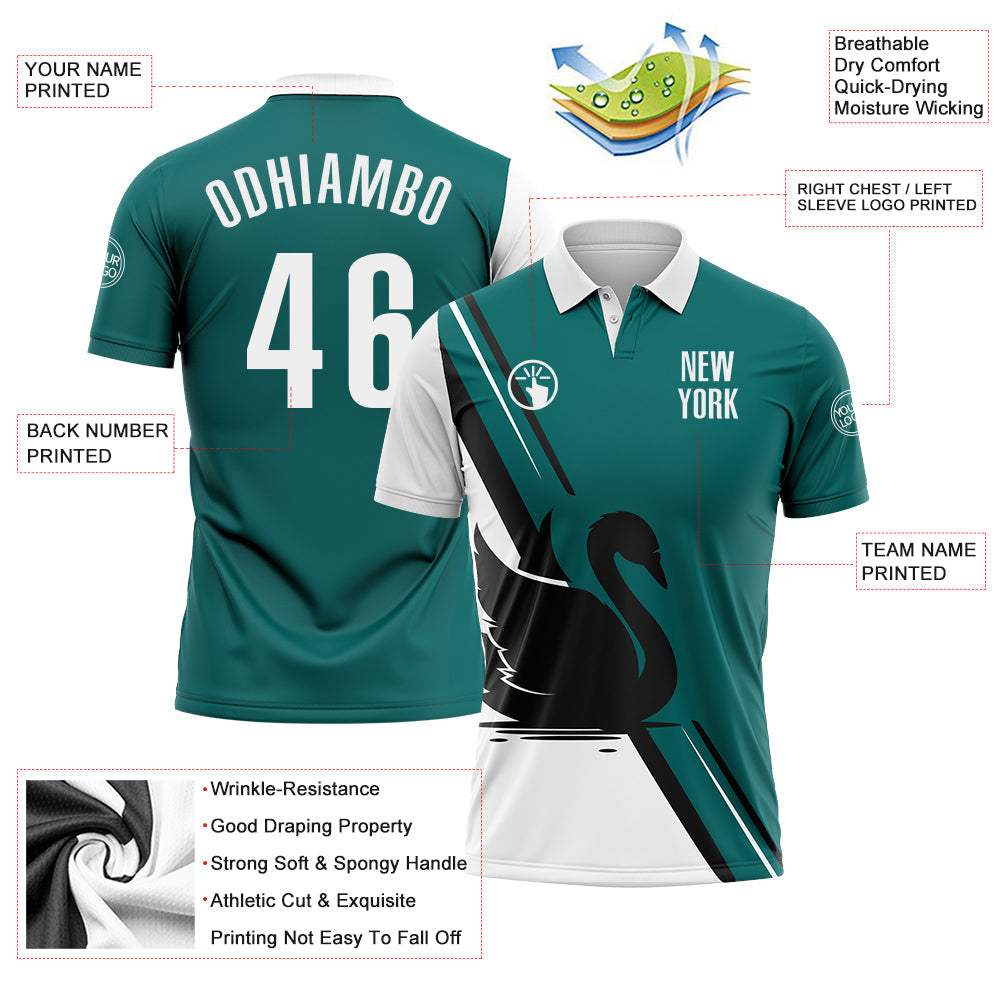 Custom Teal White-Black 3D Pattern Design Animal Swan Performance Polo Shirt view 3