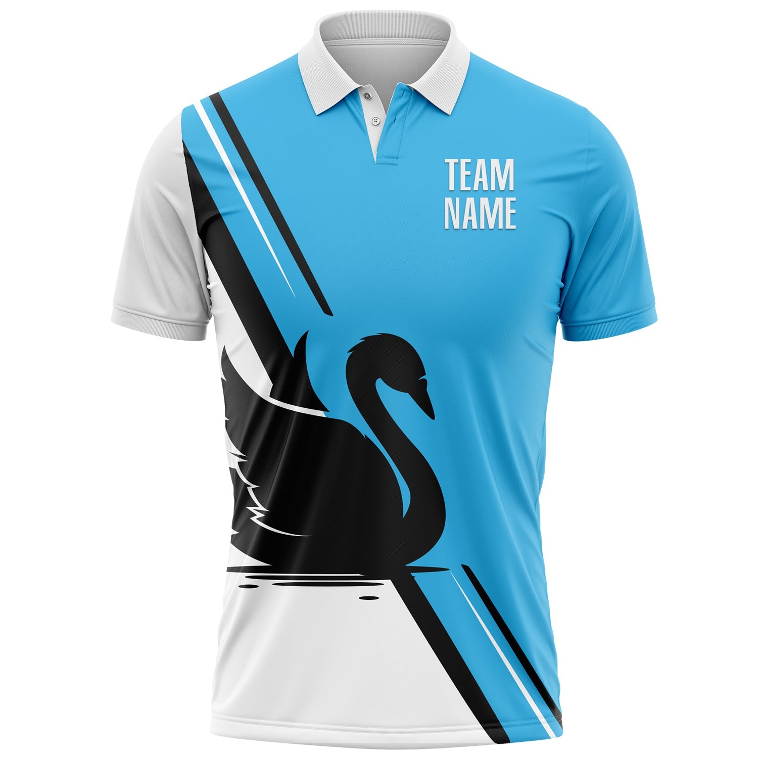 Custom Sky Blue White-Black 3D Pattern Design Animal Swan Performance Polo Shirt view 2