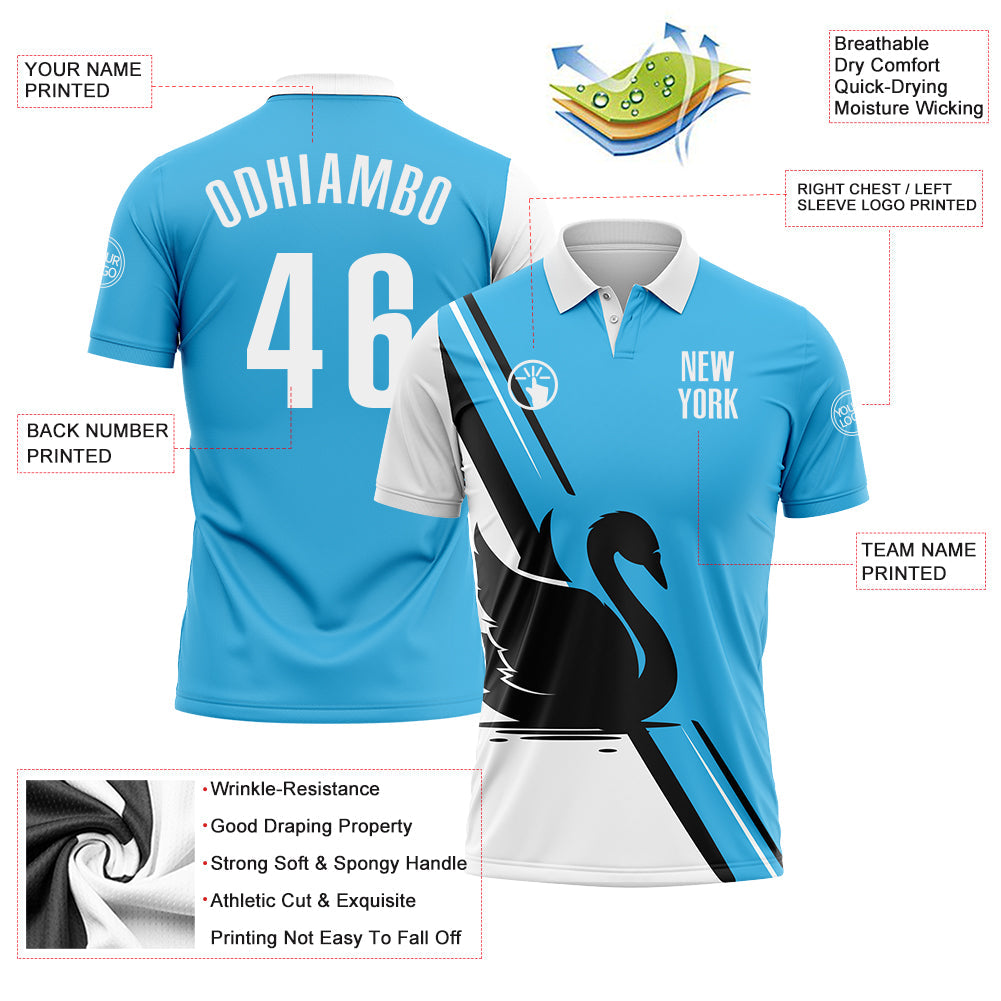 Custom Sky Blue White-Black 3D Pattern Design Animal Swan Performance Polo Shirt view 3