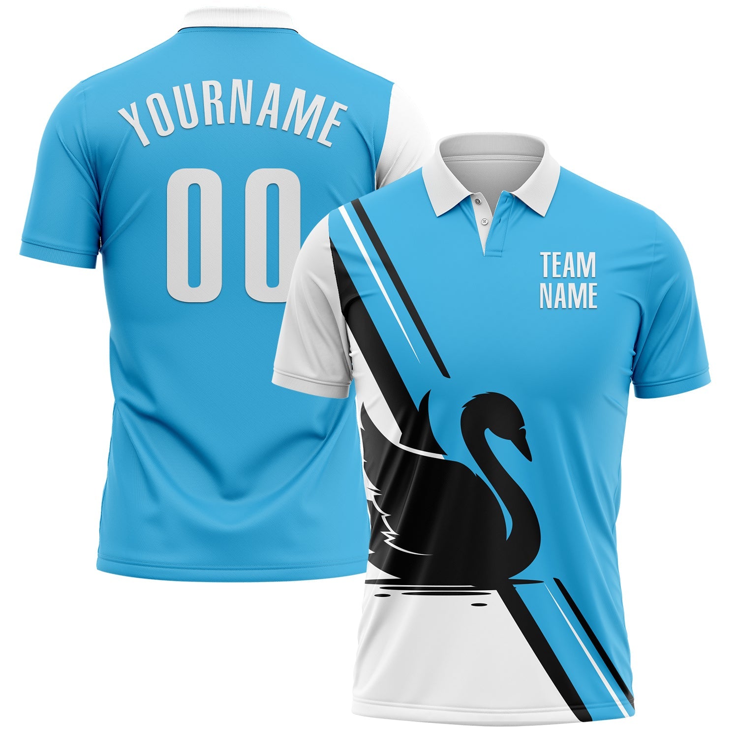 Custom Sky Blue White-Black 3D Pattern Design Animal Swan Performance Polo Shirt - Main View