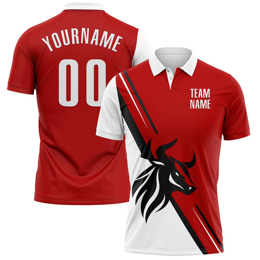 Custom Red White-Black 3D Pattern Design Animal Bull Performance Polo Shirt - Main View