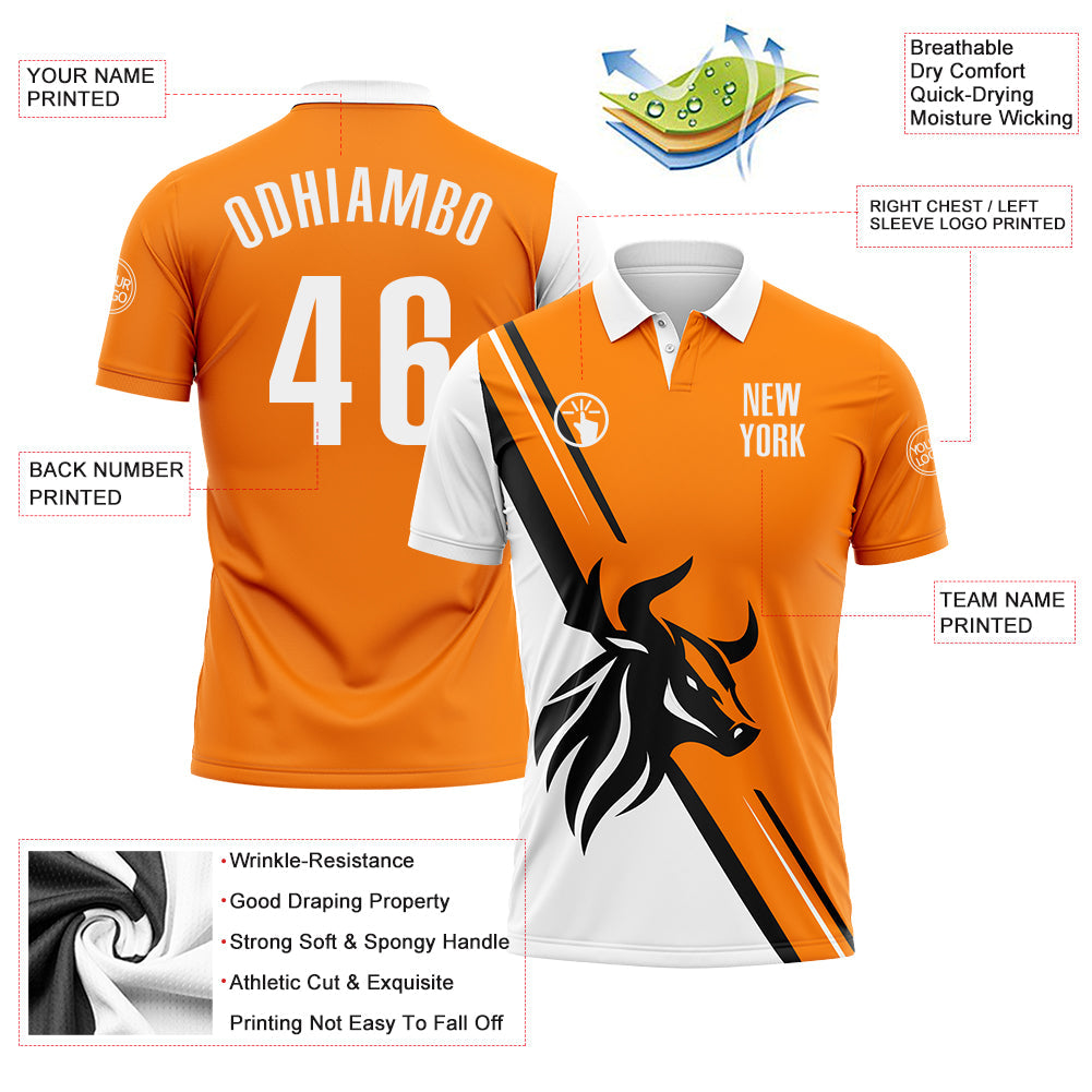 Custom Bay Orange White-Black 3D Pattern Design Animal Bull Performance Polo Shirt view 3