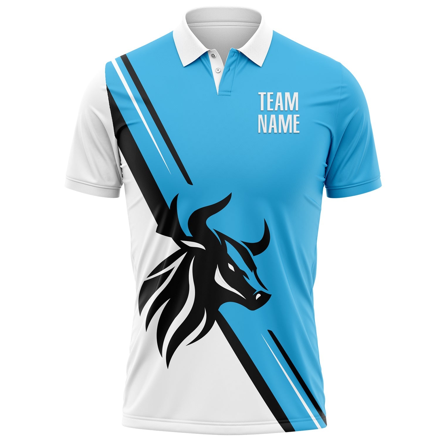 Custom Sky Blue White-Black 3D Pattern Design Animal Bull Performance Polo Shirt view 2