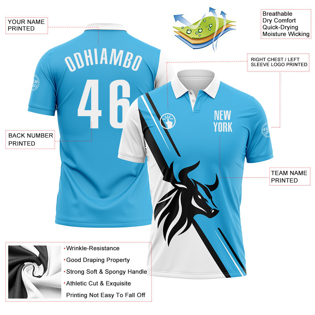 Custom Sky Blue White-Black 3D Pattern Design Animal Bull Performance Polo Shirt view 3