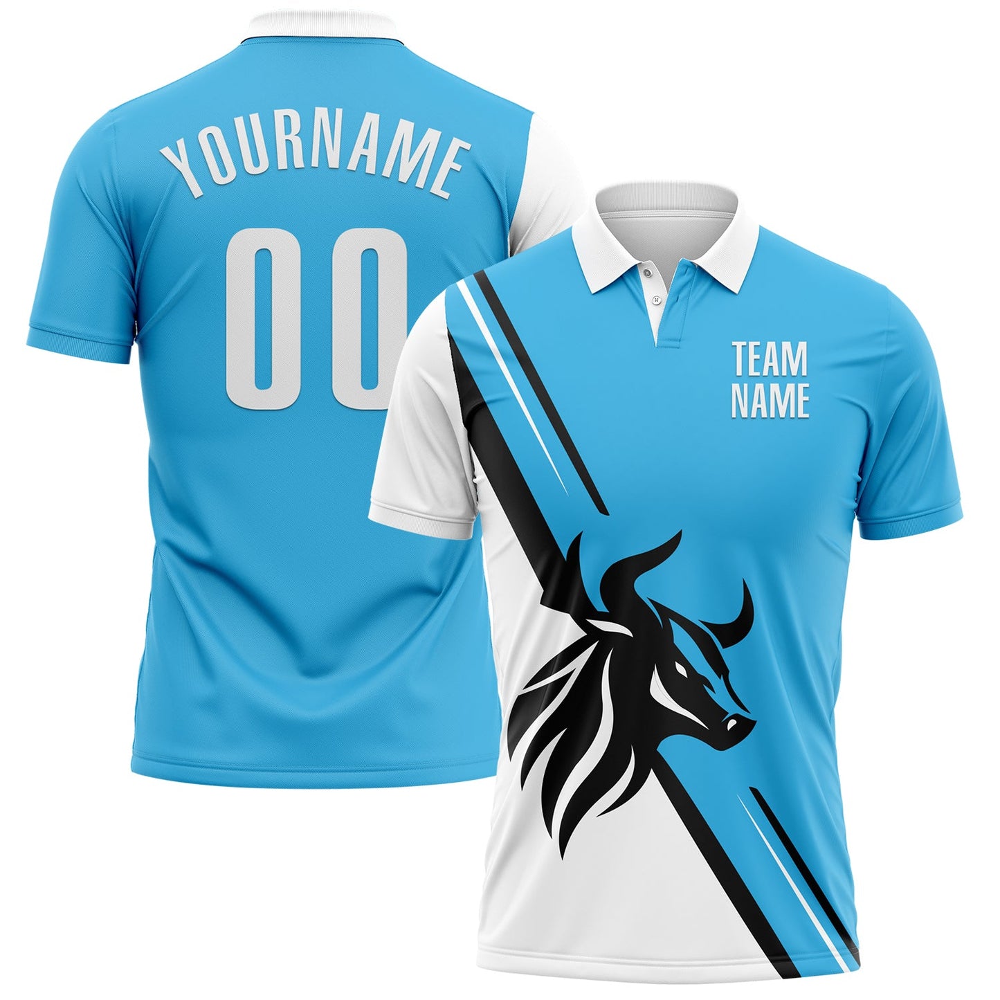 Custom Sky Blue White-Black 3D Pattern Design Animal Bull Performance Polo Shirt - Main View