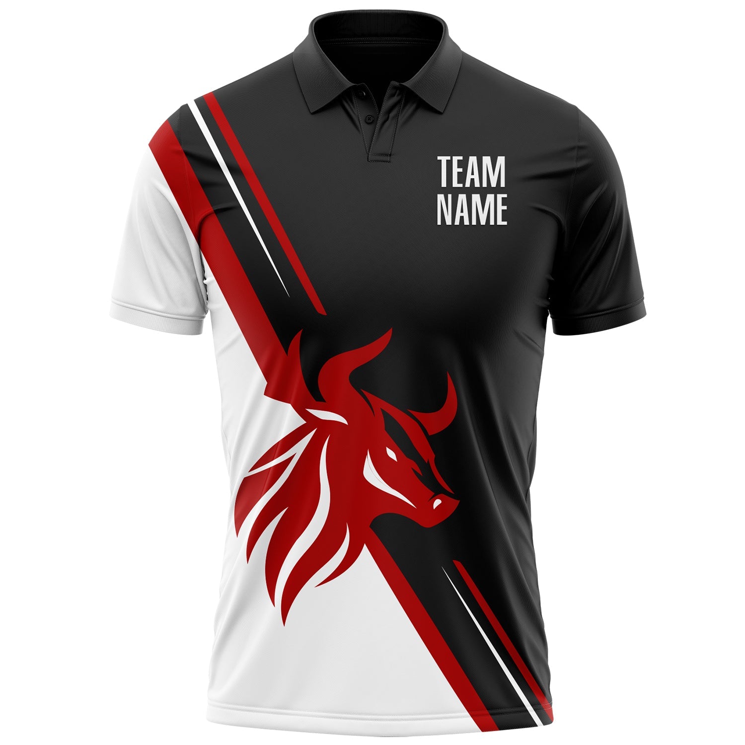 Custom Black White-Red 3D Pattern Design Animal Bull Performance Polo Shirt view 2