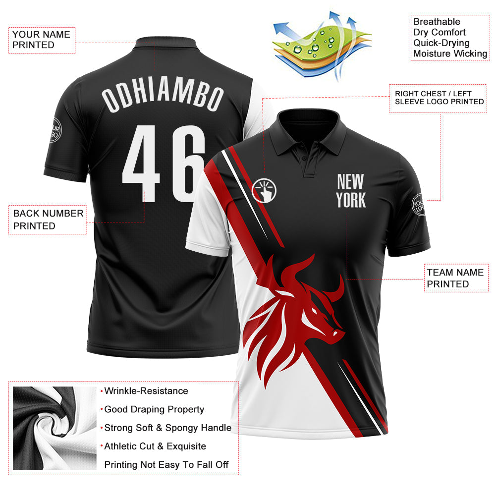 Custom Black White-Red 3D Pattern Design Animal Bull Performance Polo Shirt view 3