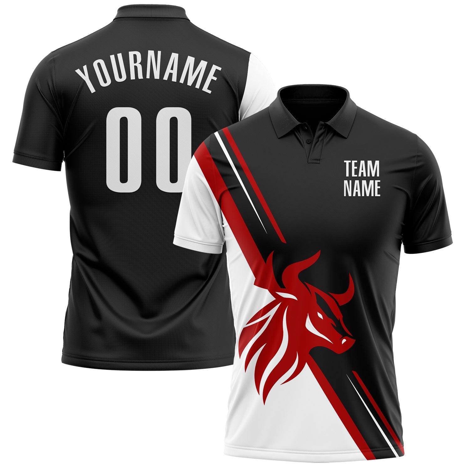 Custom Black White-Red 3D Pattern Design Animal Bull Performance Polo Shirt - Main View