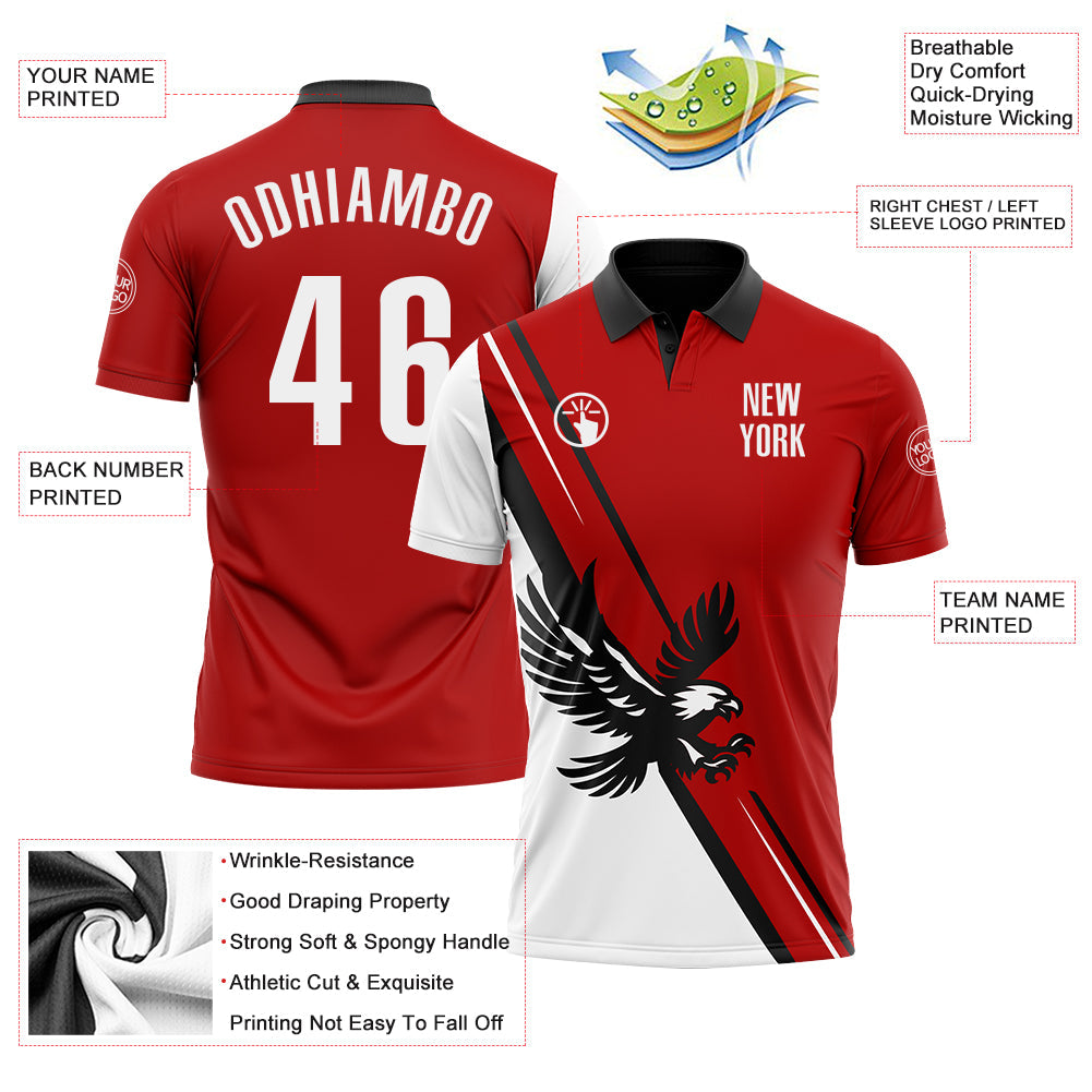 Custom Red White-Black 3D Pattern Design Animal Eagle Performance Polo Shirt view 3