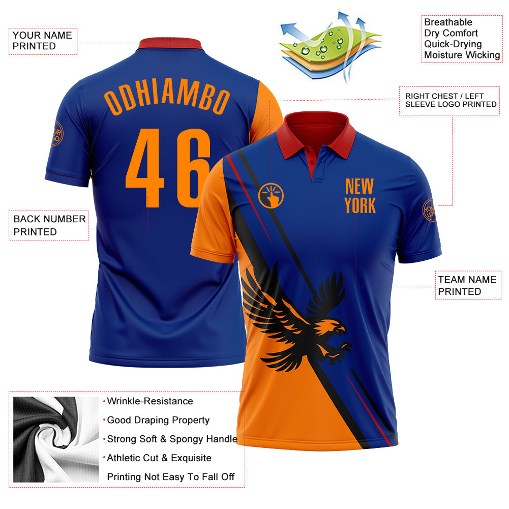 Custom Royal Bay Orange Red-Black 3D Pattern Design Animal Eagle Performance Polo Shirt view 3