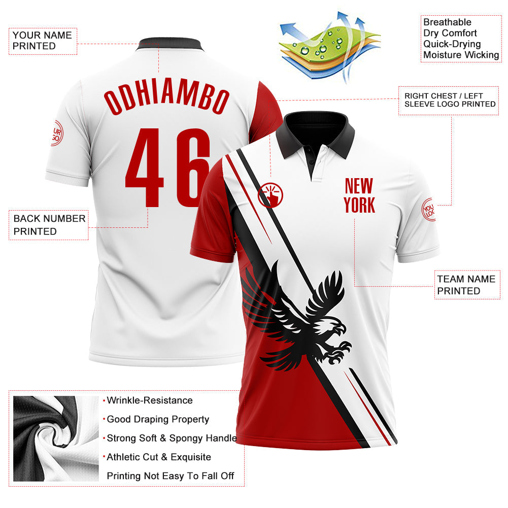 Custom White Red-Black 3D Pattern Design Animal Eagle Performance Polo Shirt view 3