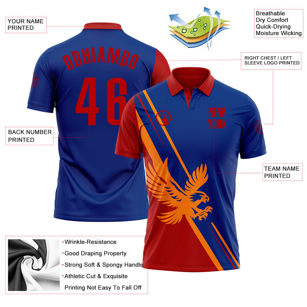 Custom Royal Red-Bay Orange 3D Pattern Design Animal Eagle Performance Polo Shirt view 3