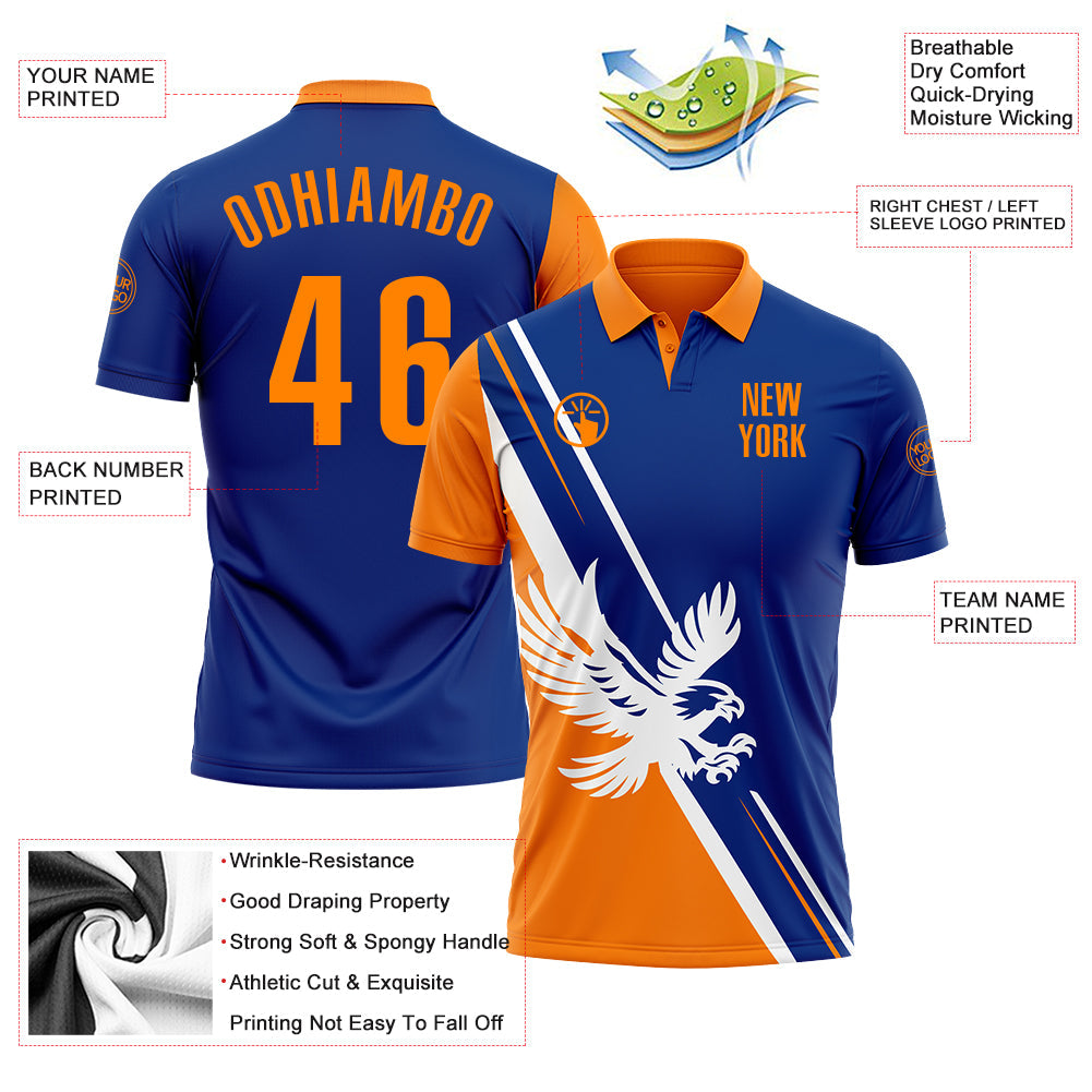 Custom Royal Bay Orange-White 3D Pattern Design Animal Eagle Performance Polo Shirt view 3